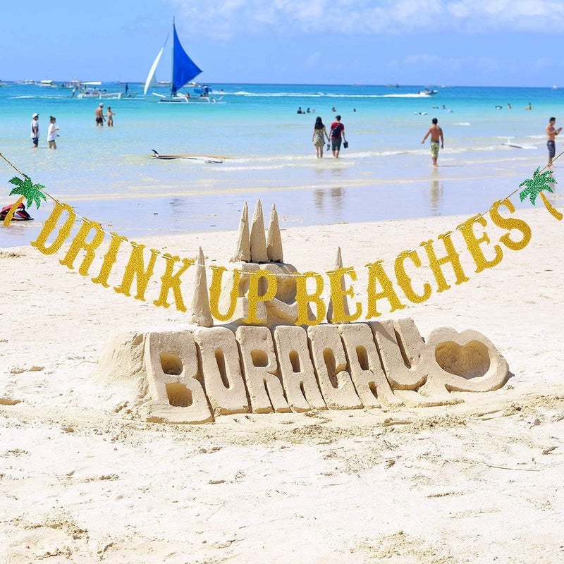 LeeSky Gold Glitter Drink Up Beaches Banner Drink Up Beaches Coconut Tree Banner- Hawaii Luau Summer Beach Party Decoration Supplies - Image 1